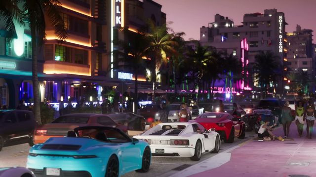 A vibrant street scene at night features neon-lit art deco buildings, palm trees, luxury cars, and…