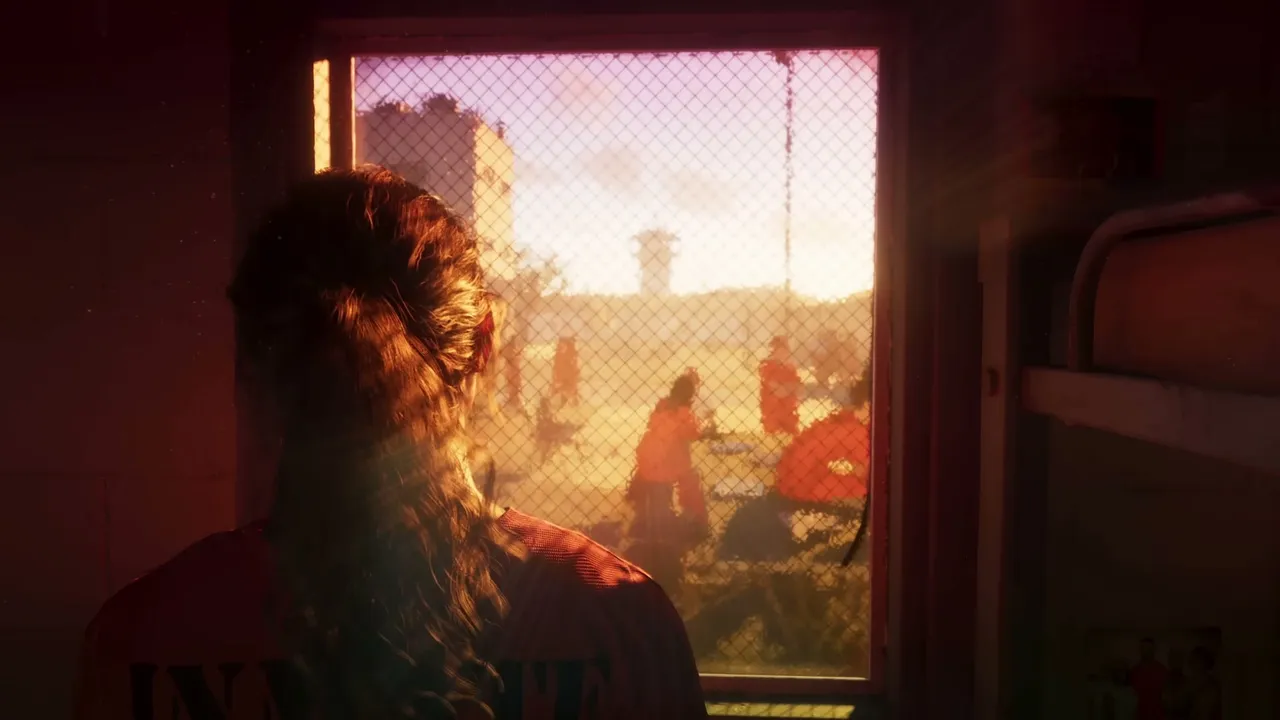 Lucia Caminos, wearing an orange prison jumpsuit, looks out from a barred window of her cell…