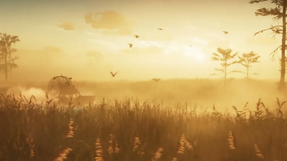 An airboat navigates through a misty, golden-lit swamp with tall grass and scattered trees, as several birds fly in the sky.