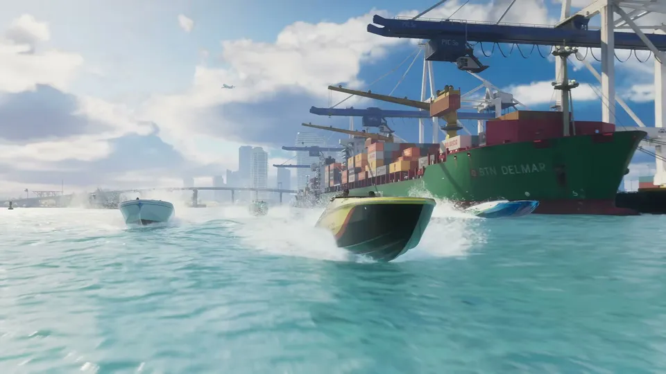 Three speedboats race across the water past a large cargo ship docked at a port, with a city skyline and bridge visible in the background.
