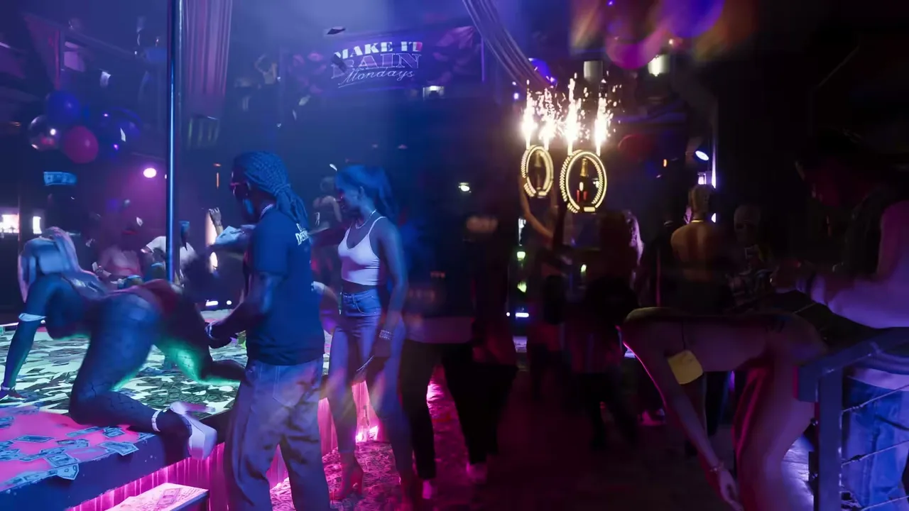 A crowded strip club interior is shown with dancers on stages covered in money, patrons, and…