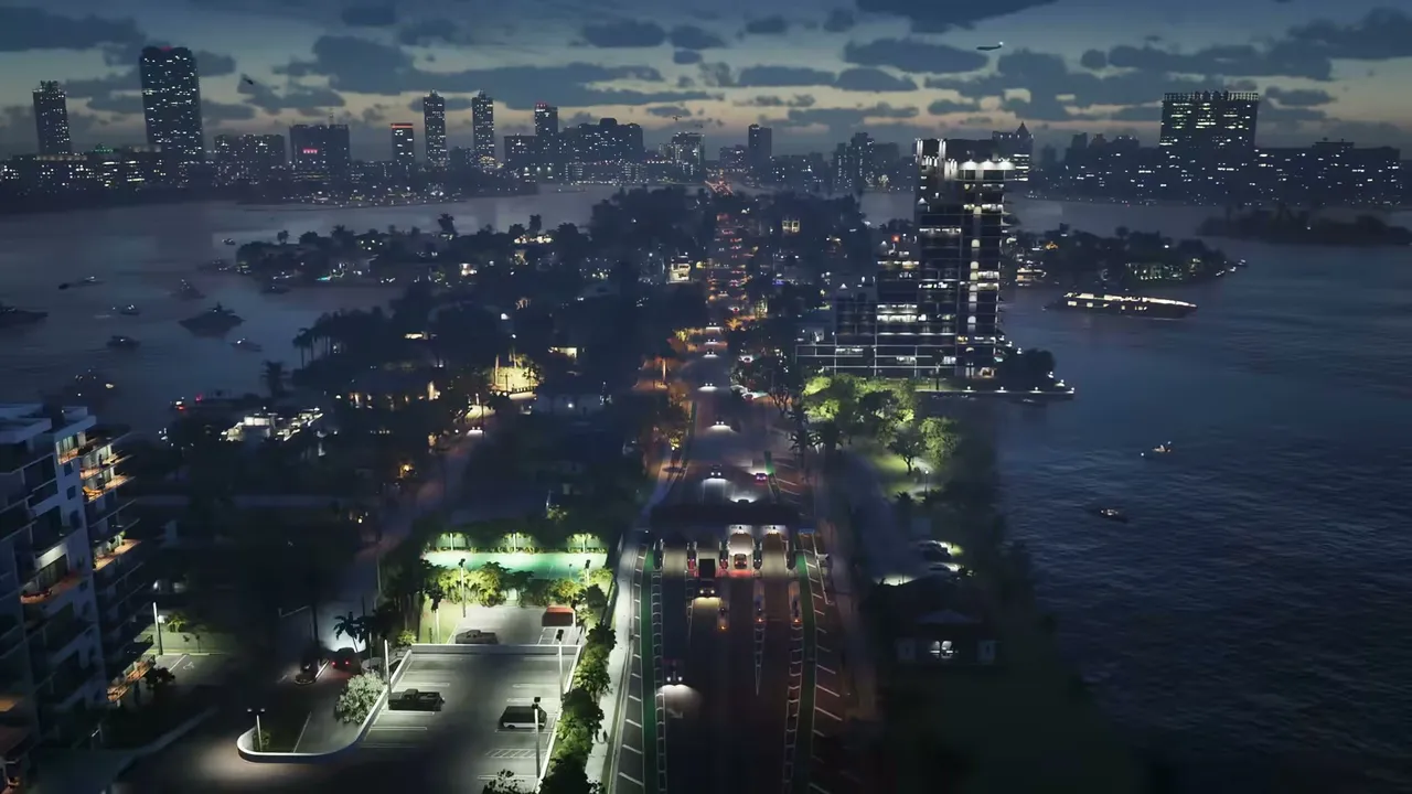 An aerial view at dusk shows a causeway with traffic, connecting islands with residential…
