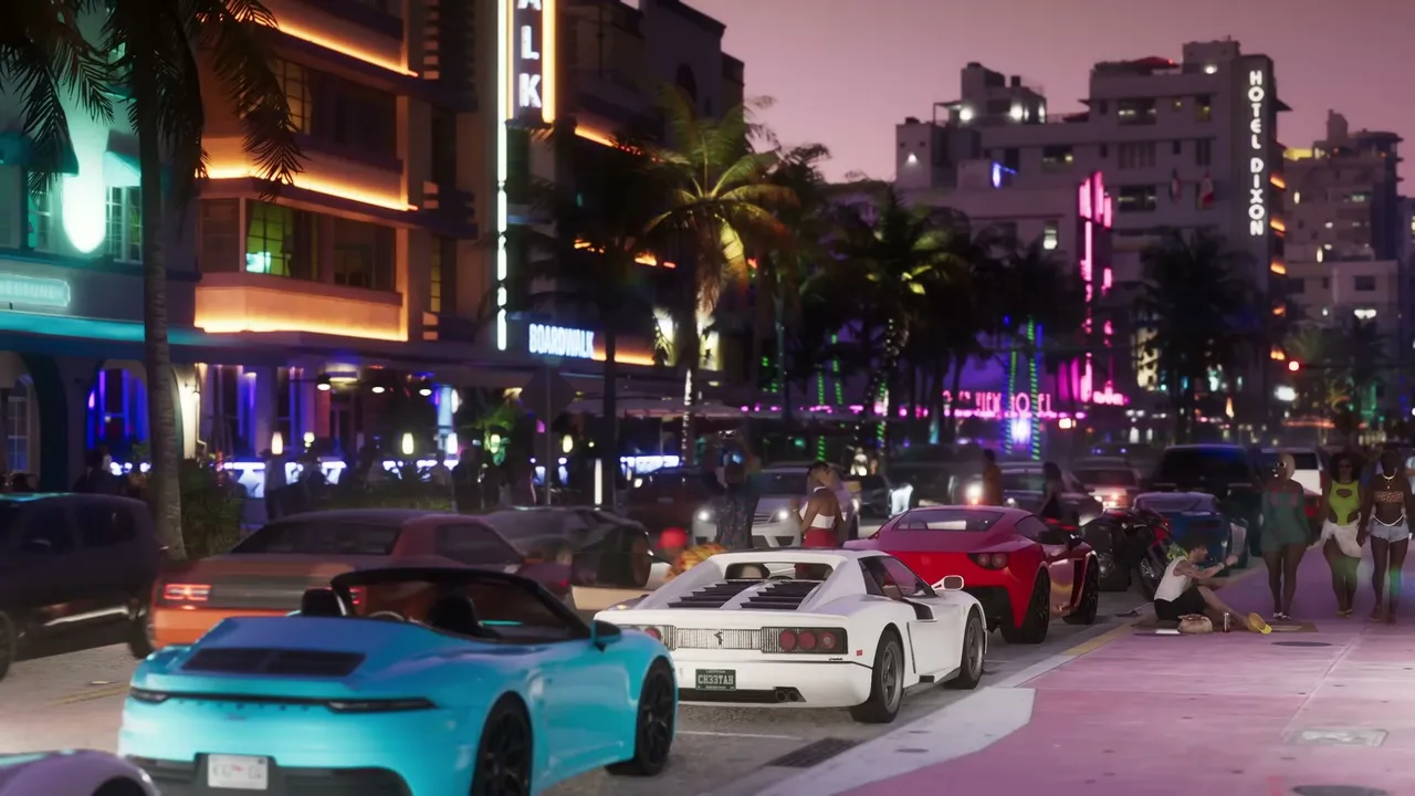 A vibrant street scene at night features neon-lit art deco buildings, palm trees, luxury cars, and…