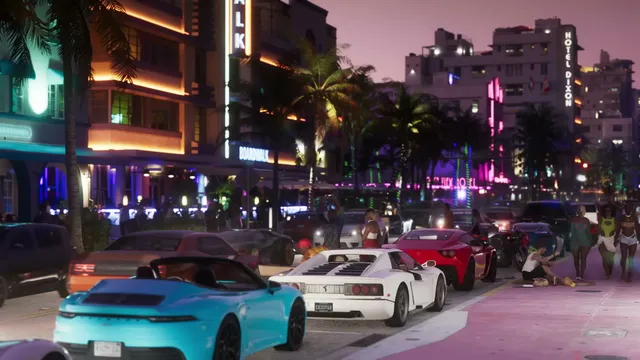 A vibrant street scene at night features neon-lit art deco buildings, palm trees, luxury cars, and…