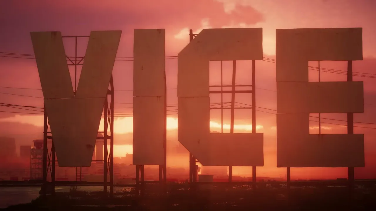 Large letters spelling "VICE" are silhouetted against a vibrant orange and red sunset sky, with a…