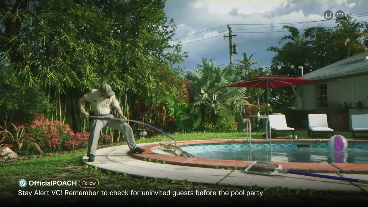 A man in a park ranger-like uniform uses a pole to remove an alligator from a residential swimming…