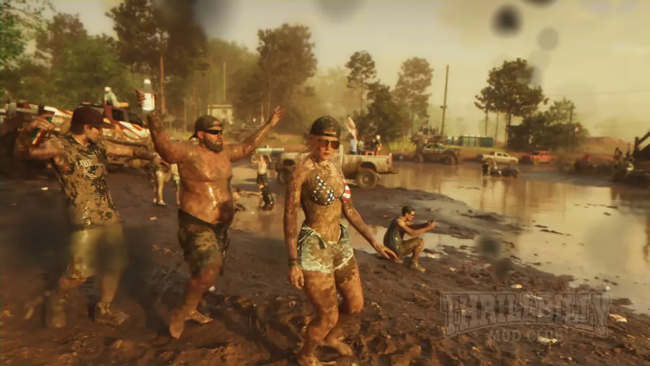 A large group of people covered in mud are seen at an outdoor mud bogging event, with several…