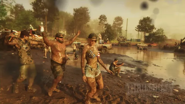 A large group of people covered in mud are seen at an outdoor mud bogging event, with several off-road…