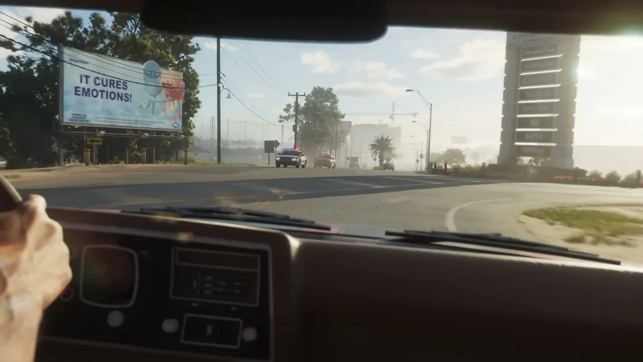 A first-person view from inside a car shows two police vehicles with flashing lights approaching…