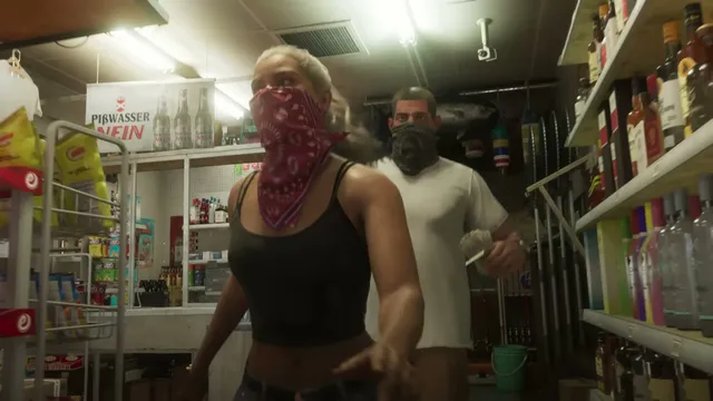 Lucia Caminos and Jason Duval, both wearing bandanas over their faces, are seen inside a convenience store…
