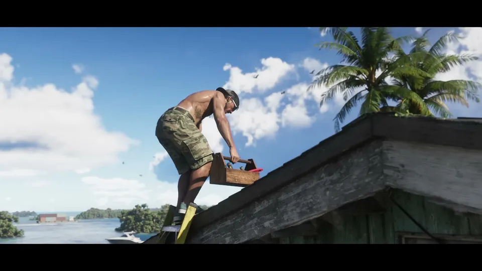 Jason Duval, shirtless and wearing a baseball cap and sunglasses, stands on a ladder on the roof of a wooden shack, holding a toolbox, with palm trees and water visible in the background.
