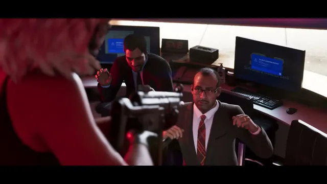Lucia, seen from behind, aims a weapon at two men in suits who are sitting at computer terminals inside a…