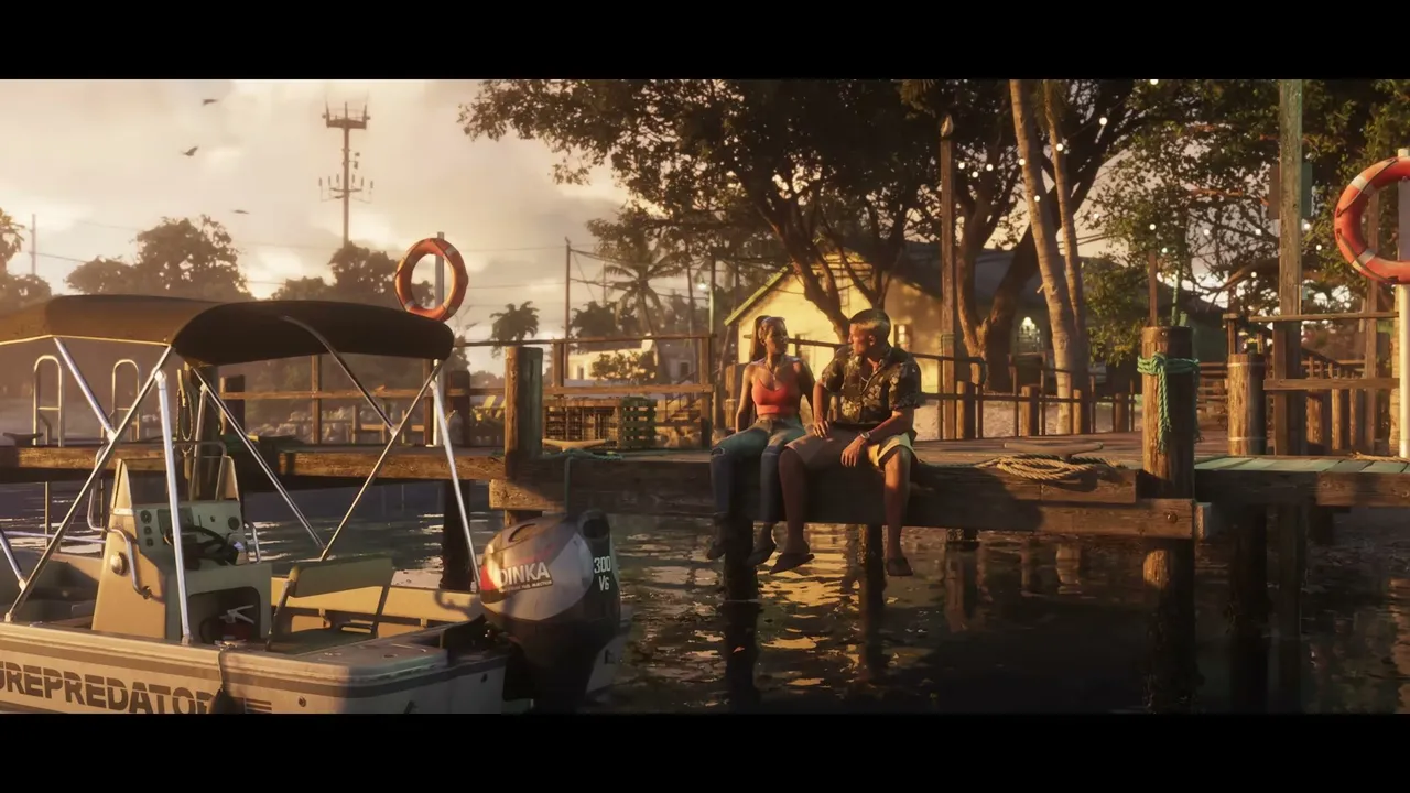 Jason and Lucia are sitting on a wooden dock next to a boat, looking at each other, with houses…