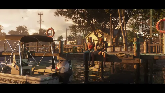 Jason and Lucia are sitting on a wooden dock next to a boat, looking at each other, with houses and palm…