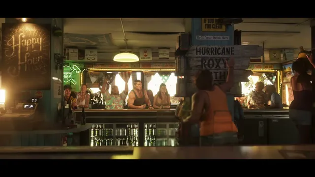 A group of people, including Jason, Lucia, Cal, and Brian, are gathered inside a lively, rustic bar with a…