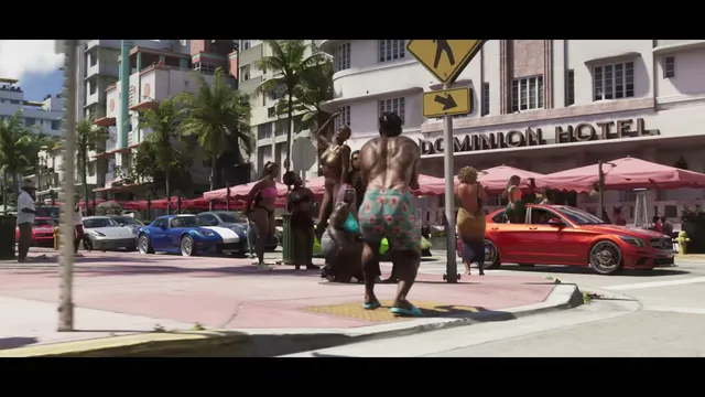 A vibrant street scene shows people dancing and posing on a sidewalk and in a red luxury car in front of the…