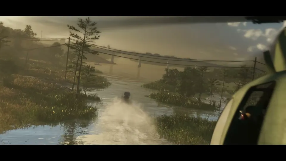 An airboat speeds through a swampy waterway, creating a large wake, with a bridge visible in the hazy distance under a cloudy sky, viewed from another vehicle.