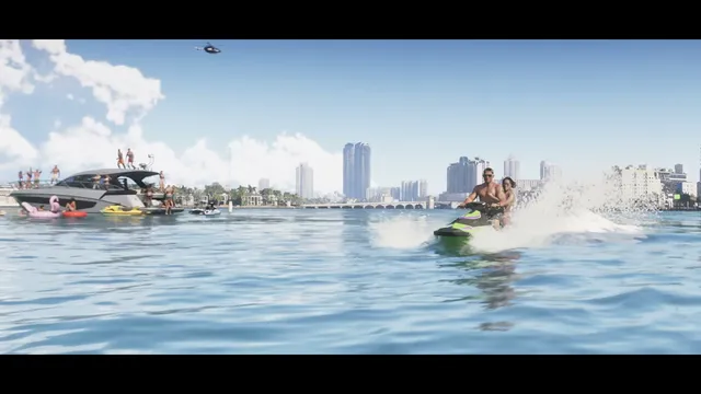 A man and a woman ride a jet ski across the water, creating a large spray, with a yacht full of people and a…