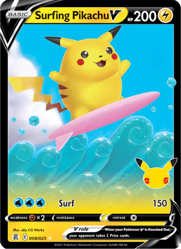 Surfing Pikachu V Pokemon card from Celebrations