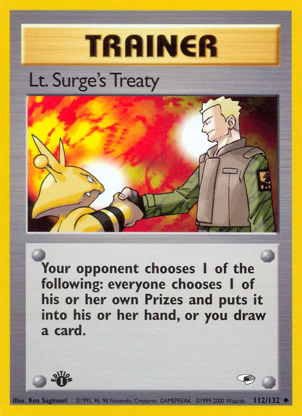 Lt. Surge's Treaty Pokemon card from Gym Heroes