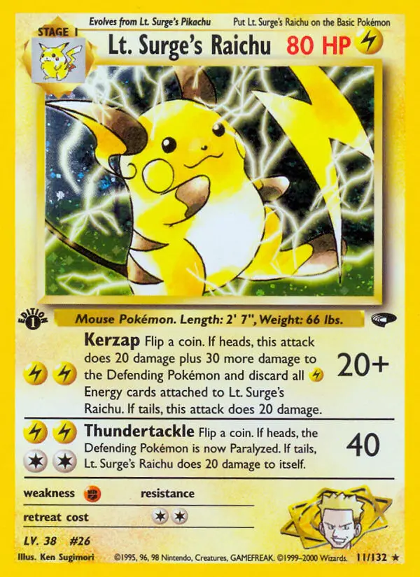 Lt. Surge's Raichu Pokemon card from Gym Challenge