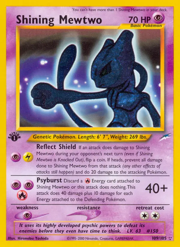 Shining Mewtwo Pokemon card from Neo Destiny