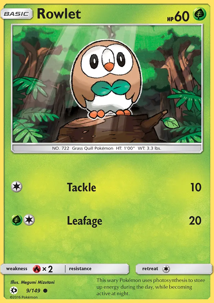 Rowlet Pokemon card from Sun & Moon