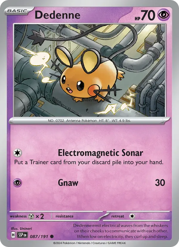 Dedenne Pokemon card from Surging Sparks